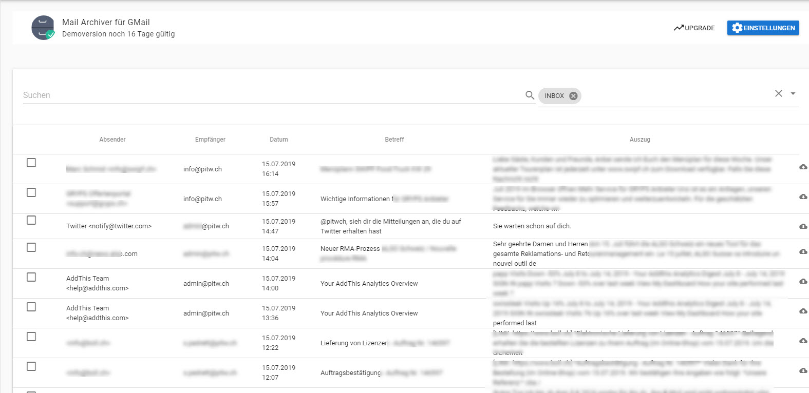 Übersicht Gmail Archiver alt text