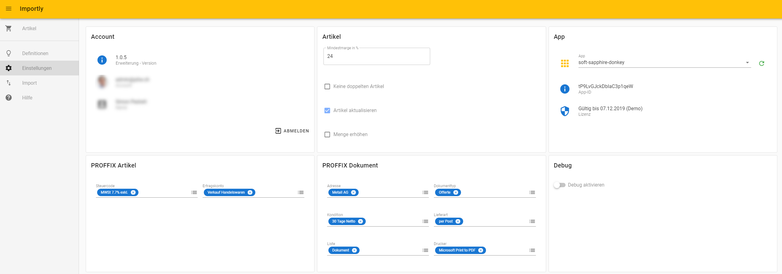Importly Einstellungen alt text