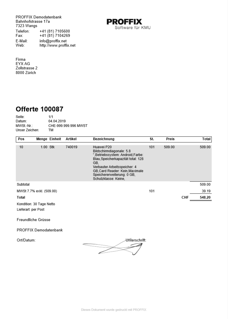 Beispielliste Signy PROFFIX alt text