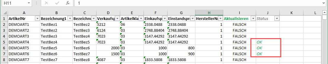 Proffix Artikel in Excel mit Status alt text